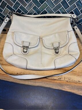 Coach Ivory Pebble Leather Shoulder Bag with Front Buckle Pockets